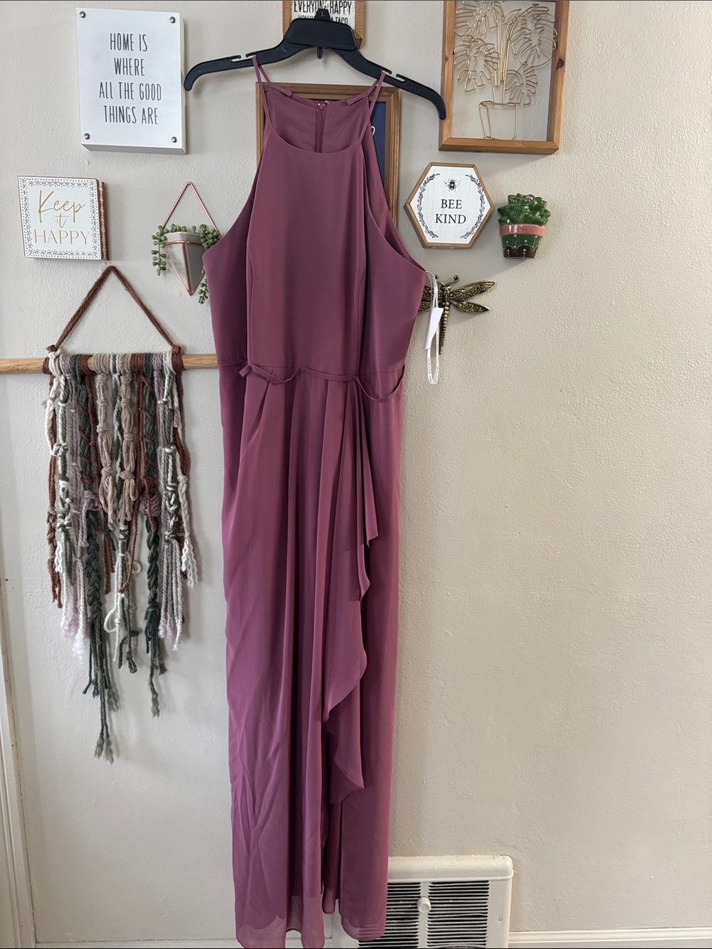 David's Bridal Mauve Halter Maxi Dress with Cascade Front Drape